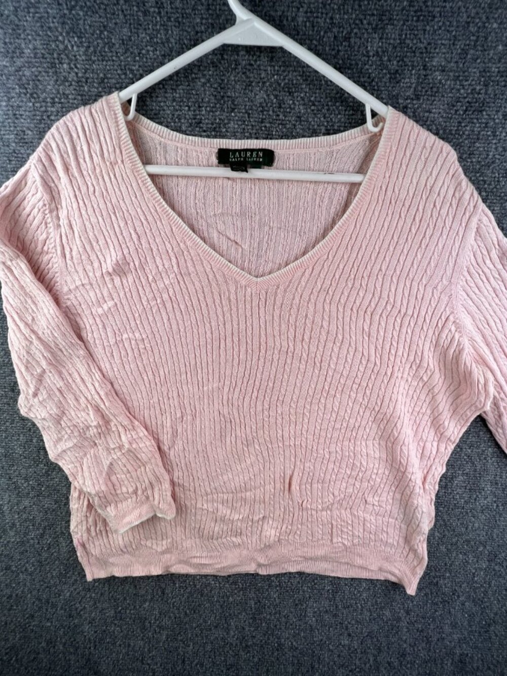 Lauren Ralph Lauren Women’s Sweater Pink Cable Knit Large Cotton V Neck Light